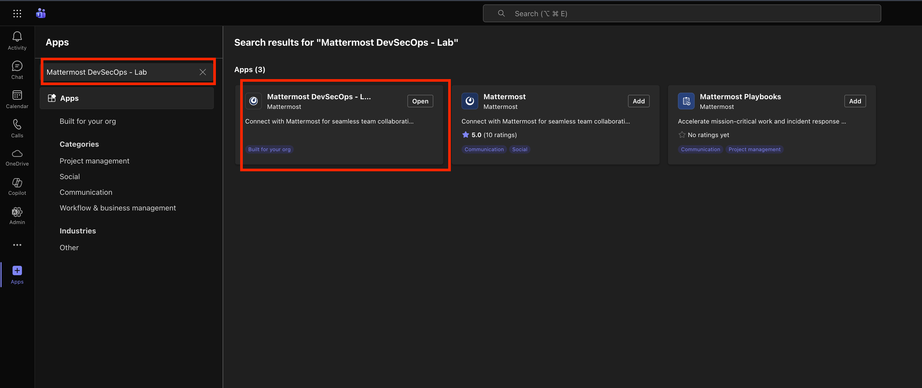 Microsoft Teams에서 Mattermost 앱을 추가하는 화면.