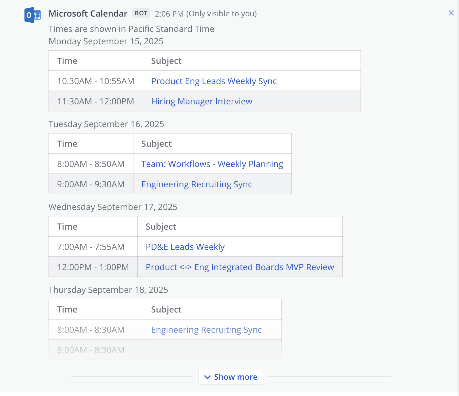 Mattermost에서 Microsoft Calendar 봇이 보낸 다이렉트 메시지 예시.