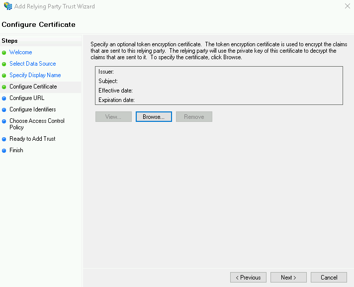 Configure Certificate 화면의 기본 인증서 설정
