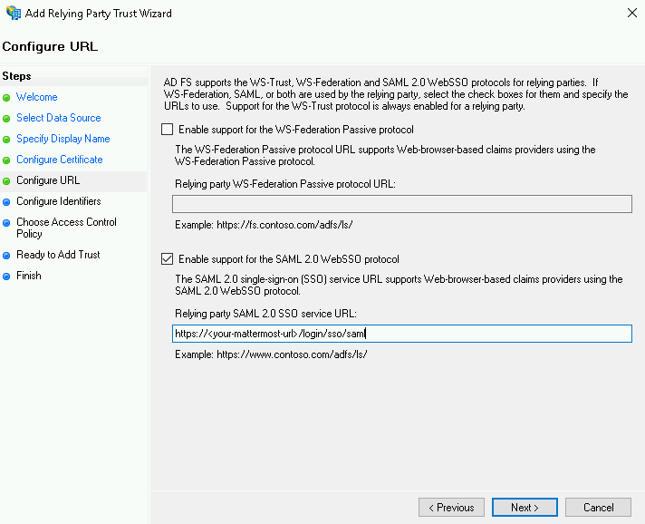 Configure URL 화면에서 SAML 2.0 SSO service URL을 입력하는 화면