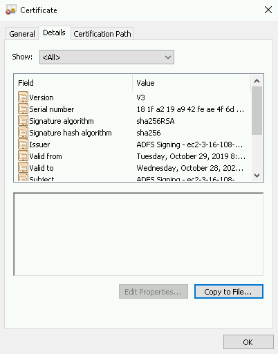 Certificate 화면의 Details 탭에서 Copy to File을 선택하는 화면