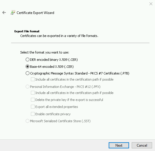 Certificate Export Wizard에서 Base-64 encoded X.509 형식을 선택하는 화면