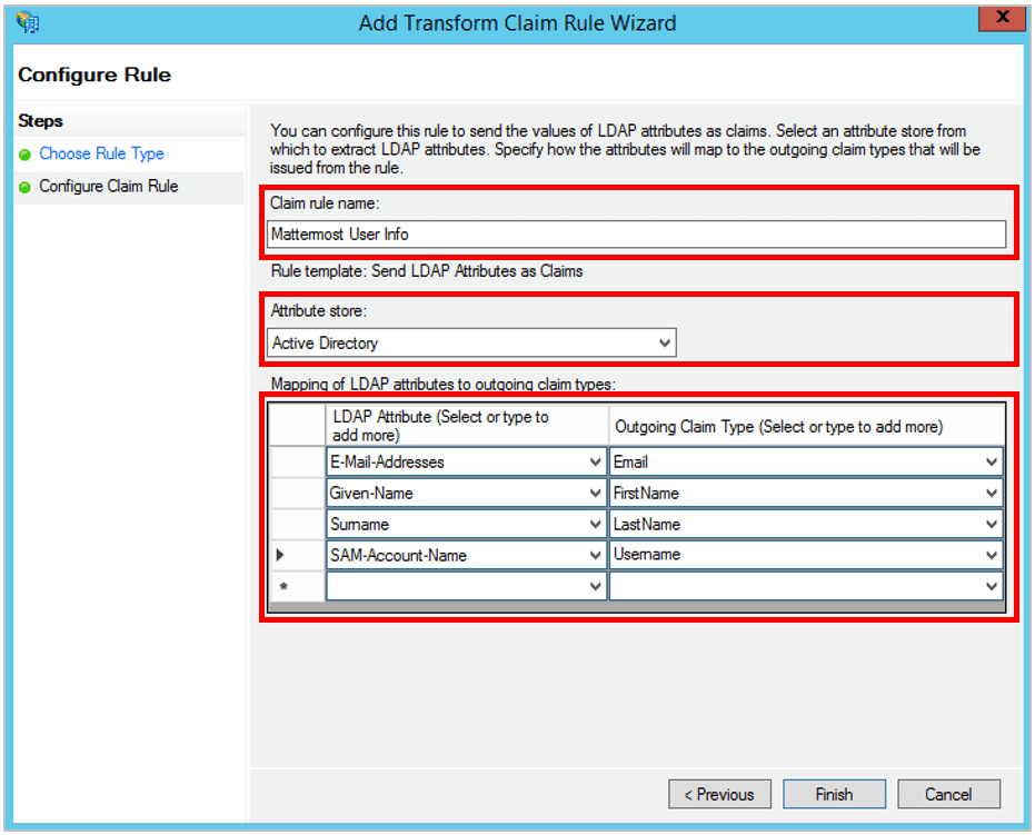 Configure Claim Rule 화면에서 LDAP 속성과 나가는 클레임 유형을 매핑하는 화면