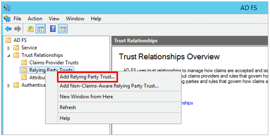 ADFS 관리 사이드바에서 Add Relying Party Trust를 선택하는 화면