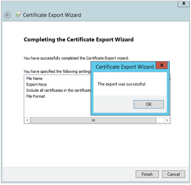 Certificate Export Wizard 완료 화면