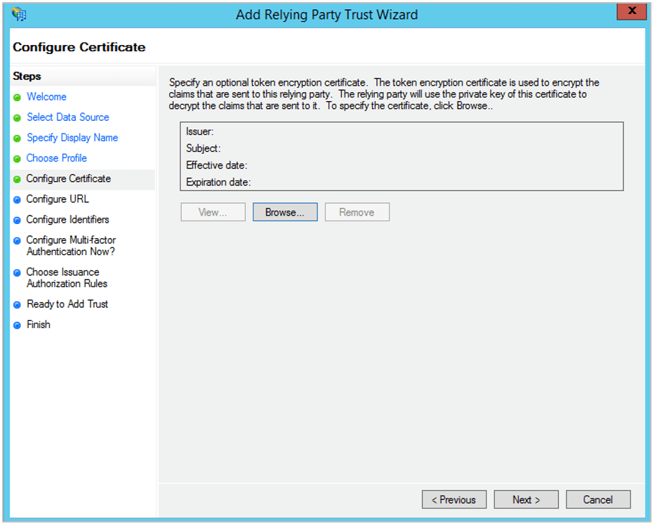 Configure Certificate 화면의 기본 인증서 설정