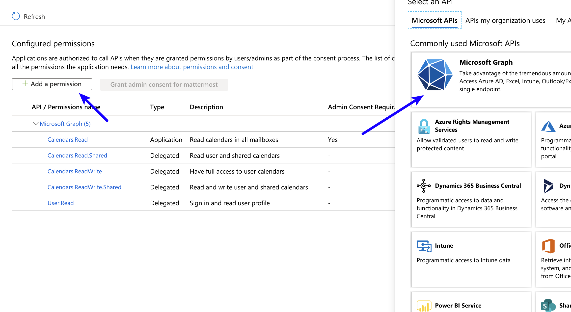 Azure에서 Mattermost 앱의 API 권한을 관리합니다.
