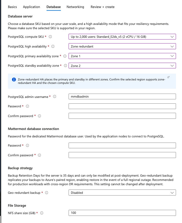 Azure Native Database 설정 화면 예시.