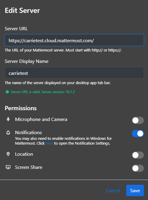 새 서버 연결을 만들거나 기존 연결을 편집할 때 관리할 수 있는 시스템 권한 화면