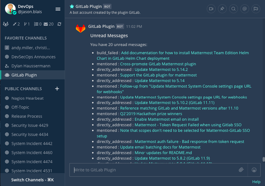 Mattermost용 GitLab 연동 예시.