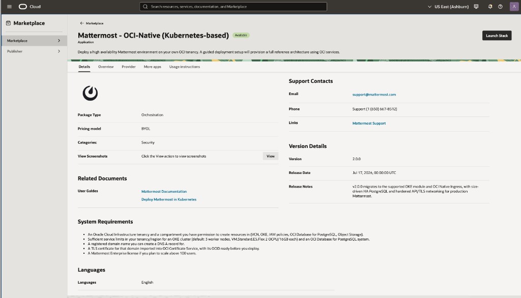 Mattermost - OCI-Native (Kubernetes-based)의 Oracle Cloud Marketplace 리스팅