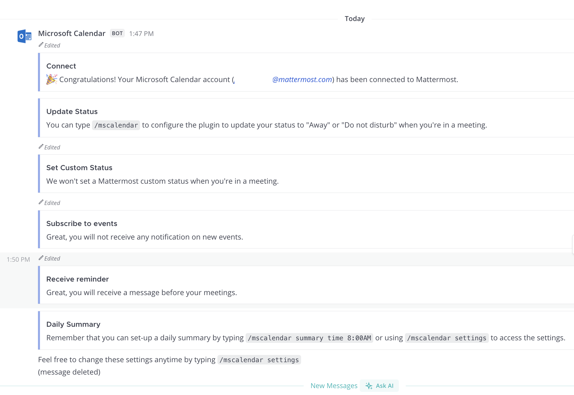 Mattermost에서 Microsoft Calendar 봇이 보낸 첫 다이렉트 메시지 예시.