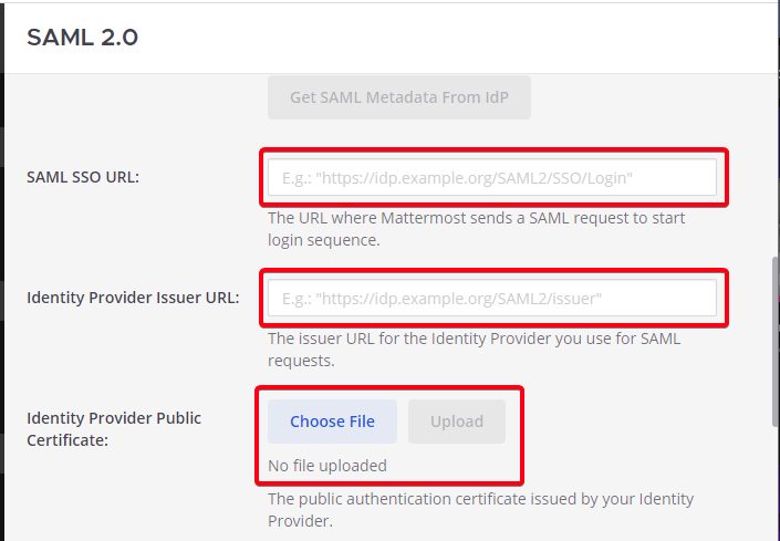 Mattermost 시스템 콘솔에서 Authentication > SAML 2.0으로 이동해 SAML SSO URL과 Identity Provider Issuer URL을 직접 입력하고 Identity Provider Public Certificate를 수동으로 업로드합니다.