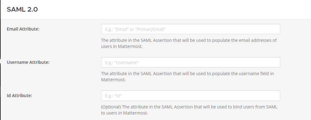 Mattermost에서 사용자 정보를 업데이트하는 데 사용할 SAML 어설션 속성을 설정합니다. Email, Username, Id 속성은 필수이며 Okta에 설정한 값과 일치해야 합니다.