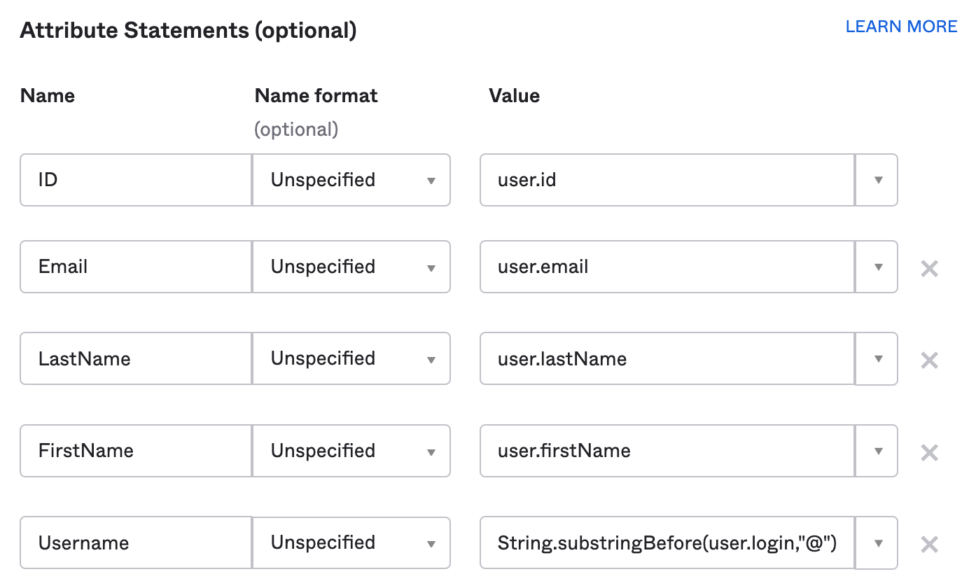 Okta와 Mattermost 간 속성을 매핑하는 attribute statement를 입력합니다. email과 username 속성은 필수이며, Okta는 user.id에 매핑된 ID 속성도 요구합니다.