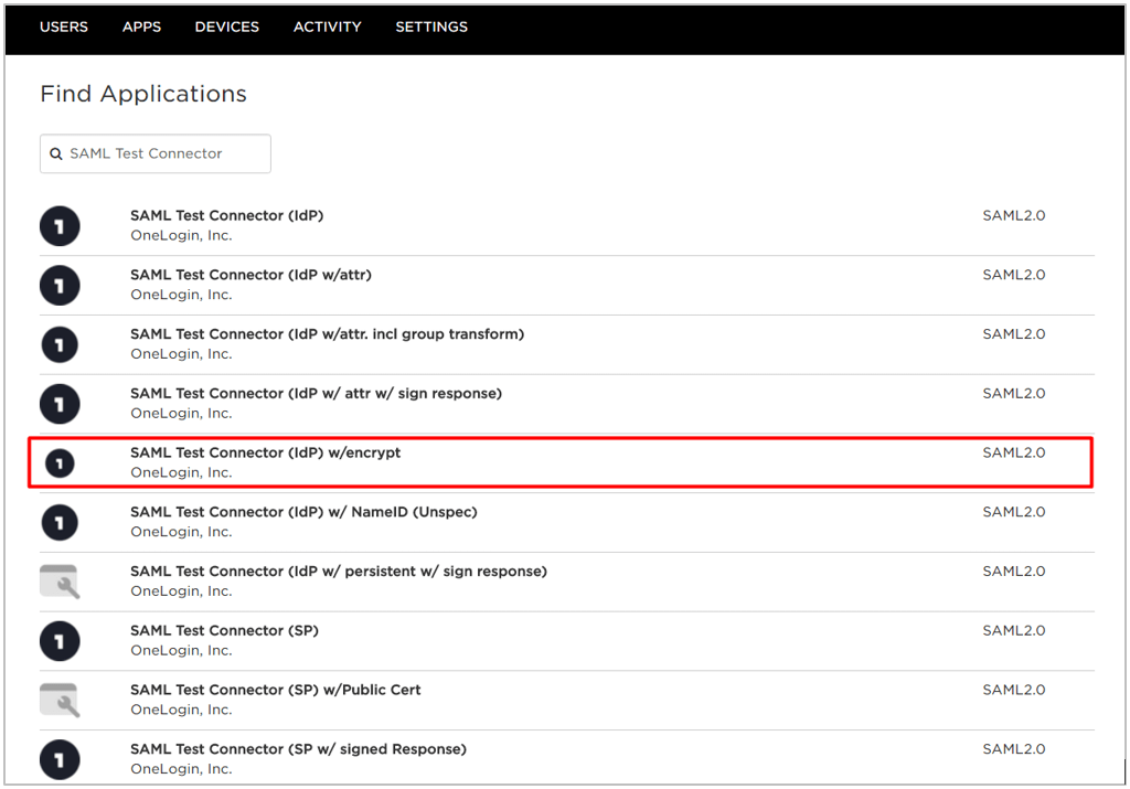 OneLogin에서 Apps > Add Apps로 이동해 SAML Test Connector를 검색한 뒤 목록에서 해당 결과를 선택합니다.