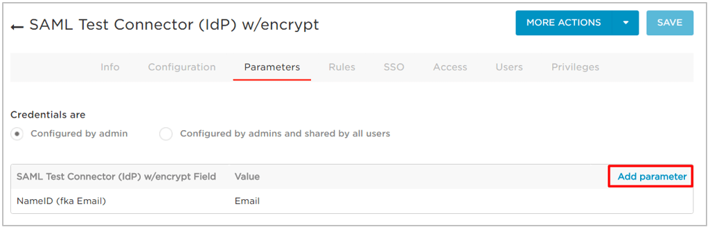 OneLogin에서 Parameters 탭을 선택한 뒤 Add parameter를 선택합니다. OneLogin과 Mattermost 간 속성 파라미터를 매핑합니다. Email 속성은 필수입니다.