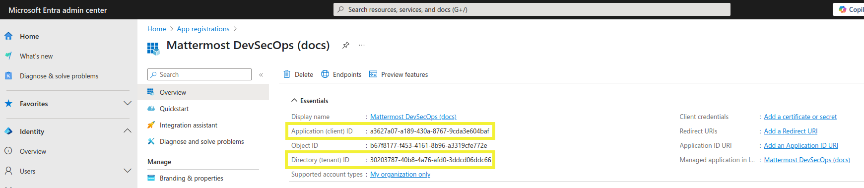 새로 만든 애플리케이션으로 이동해 Application (client) ID와 Directory (tenant) ID 값을 복사합니다. 나중에 플러그인을 구성할 때 필요합니다.