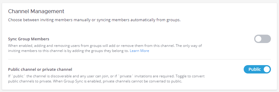 시스템 콘솔에서 채널 공개 범위를 Public 또는 Private로 설정.